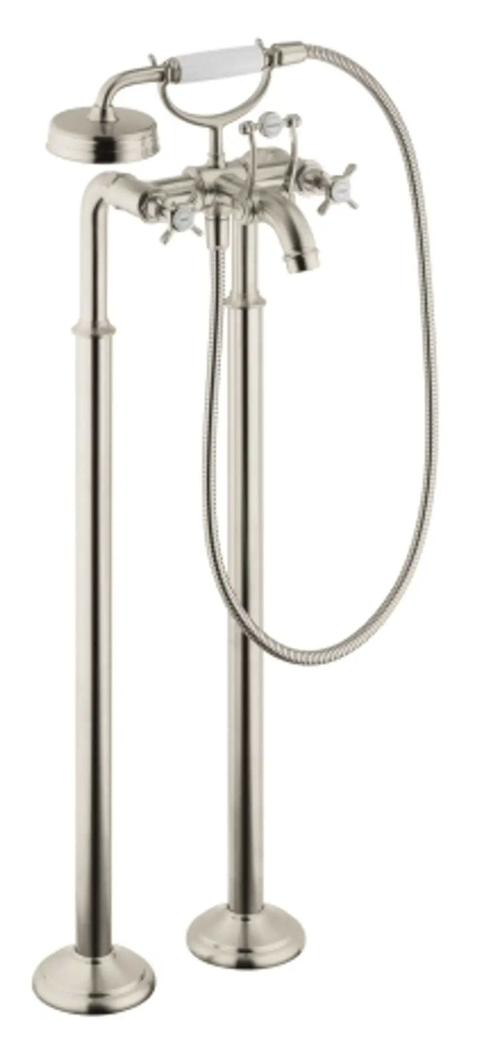 Bodenstehende Wannenarmatur mit Kreuzgriffen aus gebürstetem Nickel. Funktionalität und Design von AXOR für Badezimmeranwendungen.
